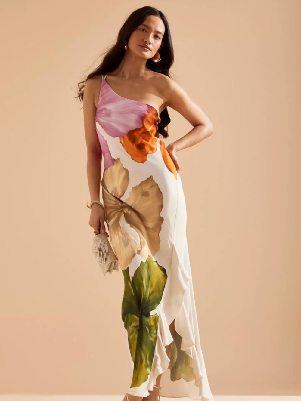 Floral Slip Dress in White with Multicolor Bloom Print XL